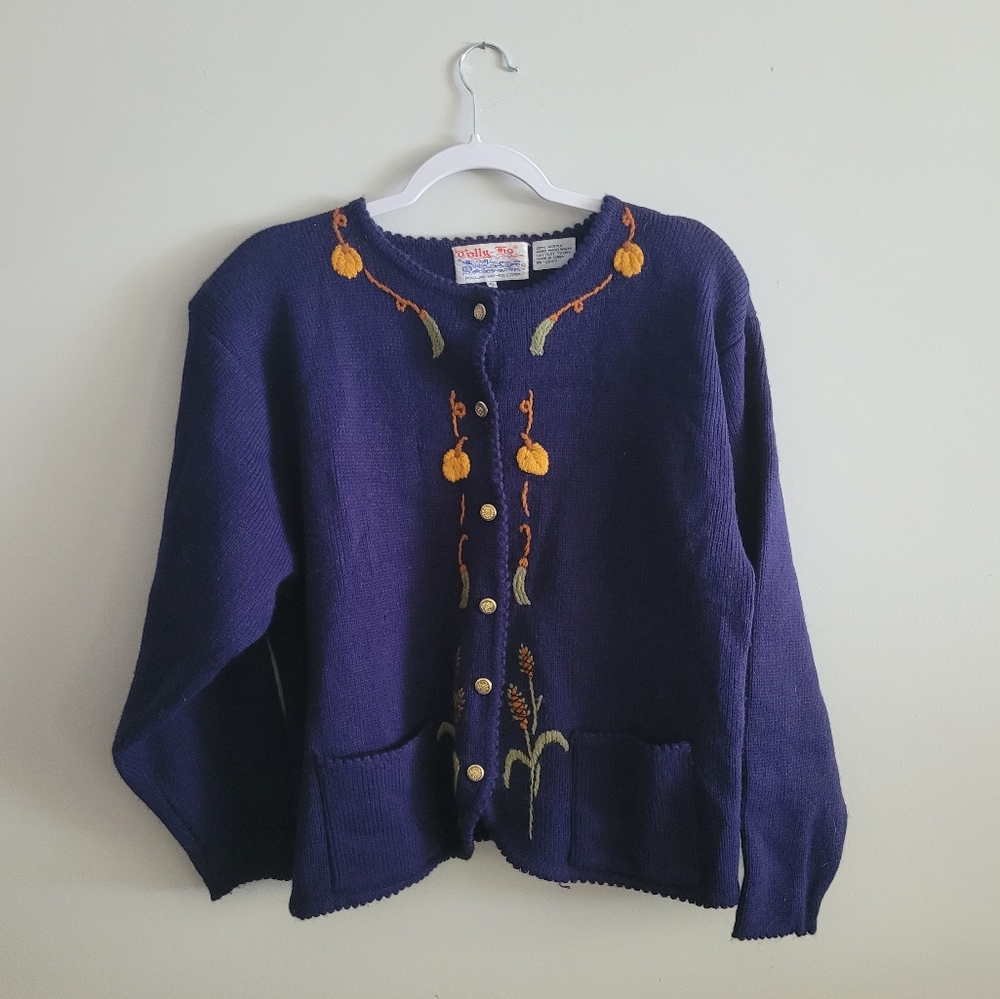 Vintage Indigo Pumpkin Embroidered 100% Acrylic Cardigan Sweater